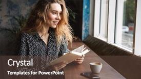 Presentation with coffee book - Beautiful PPT layouts featuring university restaurant - beautiful young woman sitting backdrop and a tawny brown colored foreground