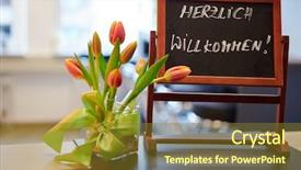  Presentation with welcome - Slide set consisting of university restaurant - blackboard with german herzlich willkommen background and a tawny brown colored foreground