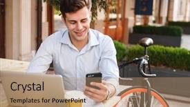  Presentation with young - Beautiful PPT layouts featuring university restaurant - smiling young stylish man backdrop and a coral colored foreground