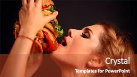  Presentation with fast food - Beautiful slide set featuring university restaurant - woman eating hamburger student consume backdrop and a tawny brown colored foreground