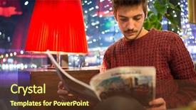  Presentation with news - Cool new slides with university restaurant - young man drinking coffee backdrop and a tawny brown colored foreground