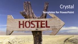  Presentation with hostel - Presentation theme featuring university road direction - hostel wooden sign isolated background and a ocean colored foreground