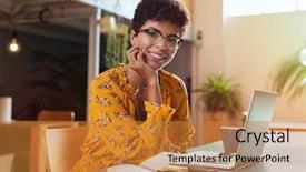 Presentation with coworking - Colorful presentation theme enhanced with university shop - happy brazilian girl with eyewear backdrop and a gold colored foreground