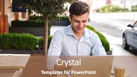  Presentation with sitting posture and computer ergonomics - PPT theme with university shop - smiling young stylish man working background and a coral colored foreground