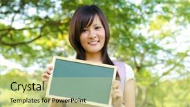  Presentation with happy young student girl holding - Cool new presentation theme with university sign boards - young asian college girl holding backdrop and a soft green colored foreground