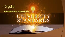  Presentation with open book - Slide set featuring university-standards-inscription-coming-out background and a tawny brown colored foreground