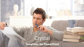  Presentation with music notes - Amazing slide deck having university student learning at home holding notes and pen listening to music backdrop and a gray colored foreground