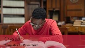  Presentation with university library - Beautiful PPT theme featuring university-student-wearing-spectacles-studying backdrop and a red colored foreground