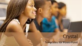  Presentation with african american students - Presentation design featuring university students in lecturing hall background and a coral colored foreground