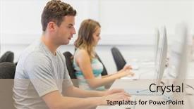  Presentation with computer room - Presentation design with university technology - two serious students working background and a  colored foreground