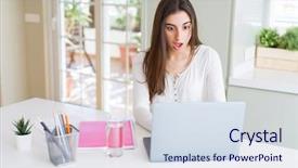  Presentation with student - Beautiful slide set featuring university using laptop and notebook backdrop and a sky blue colored foreground