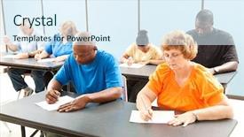  Presentation with diverse classroom - Audience pleasing PPT theme consisting of university vocational - diverse adult education class taking backdrop and a sky blue colored foreground