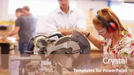  Presentation with class - Presentation theme enhanced with university vocational - student and teacher in carpentry background and a coral colored foreground