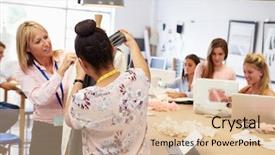  Presentation with design fashion - Beautiful presentation theme featuring university vocational - teacher helping college students studying backdrop and a  colored foreground