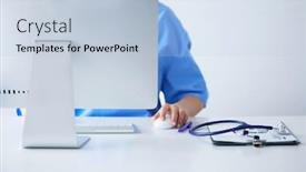  Presentation with medical desk - Slide set featuring unknown-doctor-woman-filling-up background and a light blue colored foreground