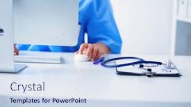  Presentation with medical desk - Presentation theme with unknown-doctor-woman-filling-up background and a sky blue colored foreground