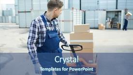  Presentation with petroleum storage tanks - Audience pleasing theme consisting of unloading containers - serious storage worker in overall backdrop and a ocean colored foreground