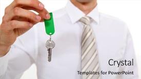  Presentation with key kiosk - Amazing slides having unlock customer - businessman giving key backdrop and a light gray colored foreground