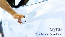  Presentation with car door - Colorful slide set enhanced with unlock customer - close up human hand opening backdrop and a sky blue colored foreground