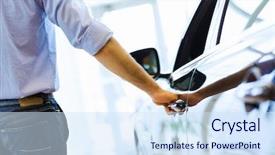  Presentation with car door - Beautiful slide deck featuring unlock customer - close up human hand opening backdrop and a sky blue colored foreground