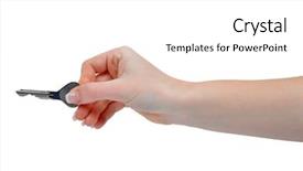  Presentation with waiter hand in white glove - Colorful slide set enhanced with unlock customer - key in hand isolated backdrop and a white colored foreground