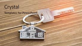  Presentation with house key - PPT layouts with unlock customer - key with silver house shaped background and a coral colored foreground