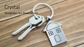  Presentation with key performance indicators - PPT theme with unlock customer - key with silver house shaped background and a coral colored foreground