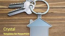  Presentation with house key - Slide set featuring unlock customer - key with silver house shaped background and a violet colored foreground