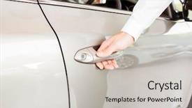  Presentation with car door - Beautiful PPT theme featuring unlock customer - man holding a car door backdrop and a light gray colored foreground