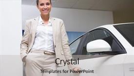  Presentation with car door - PPT theme with unlock customer - smiling businesswoman holding a car background and a  colored foreground