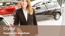  Presentation with car - Presentation design featuring unlock customer - smiling saleswoman standing background and a coral colored foreground