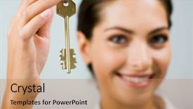  Presentation with young business woman smile show - Slides with unlock potential - smiling business woman is holding background and a coral colored foreground