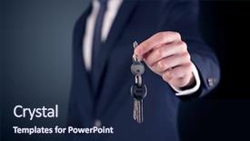  Presentation with keys - Colorful presentation design enhanced with unlocking dreams - young businessman hand over keys backdrop and a navy blue colored foreground