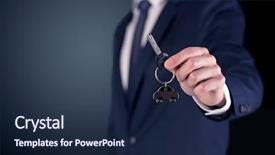  Presentation with keys - Colorful slide deck enhanced with unlocking dreams - young businessman hand over keys backdrop and a navy blue colored foreground