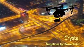  Presentation with drone - PPT theme featuring unmanned air vehicles - drone silhouette flying above dubaicity background and a tawny brown colored foreground