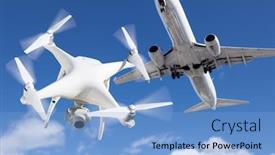  Presentation with drone quadcopter - PPT theme consisting of unmanned-aircraft-system-quadcopter-drone background and a light blue colored foreground