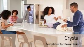  Presentation with black family - Cool new PPT theme with unpack - black family unpacking groceries backdrop and a coral colored foreground