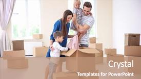  Presentation with new home - Theme with unpack - happy family unpacking boxes background and a coral colored foreground
