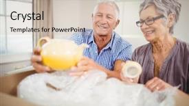  Presentation with senior living - Audience pleasing PPT theme consisting of unpack - senior couple unpacking a cardboard backdrop and a soft green colored foreground