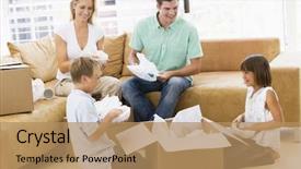  Presentation with new home - Amazing PPT theme having unpacking boxes in new home backdrop and a coral colored foreground