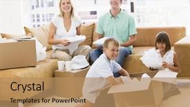  Presentation with first - Beautiful slide deck featuring unpacking boxes in new home backdrop and a coral colored foreground