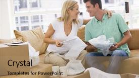  Presentation with new home - PPT theme with unpacking boxes in new home background and a  colored foreground