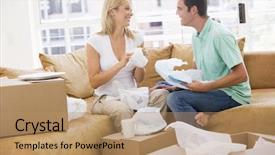  Presentation with new parents at home baby - Slide deck having unpacking boxes in new home background and a  colored foreground