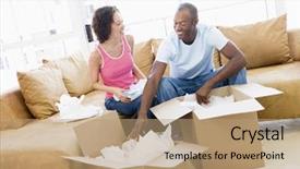  Presentation with new home - Theme consisting of unpacking boxes in new home background and a coral colored foreground