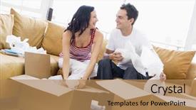  Presentation with new home - PPT theme featuring unpacking boxes in new home background and a coral colored foreground
