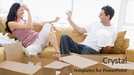  Presentation with new home - Cool new presentation with unpacking boxes in new home backdrop and a coral colored foreground