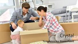  Presentation with new home - PPT theme with unpacking boxes in new home background and a coral colored foreground