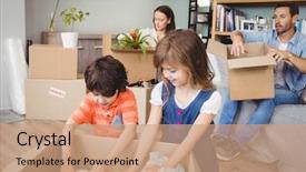  Presentation with boxes - Amazing presentation theme having unpacking cardboard boxes at home backdrop and a coral colored foreground