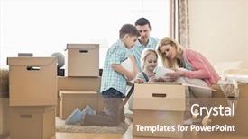  Presentation with new family new born - PPT theme enhanced with unpacking cardboard boxes at new background and a coral colored foreground