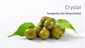  Presentation with green - Amazing PPT theme having unpitted-brine-cured-green-olives backdrop and a pink colored foreground